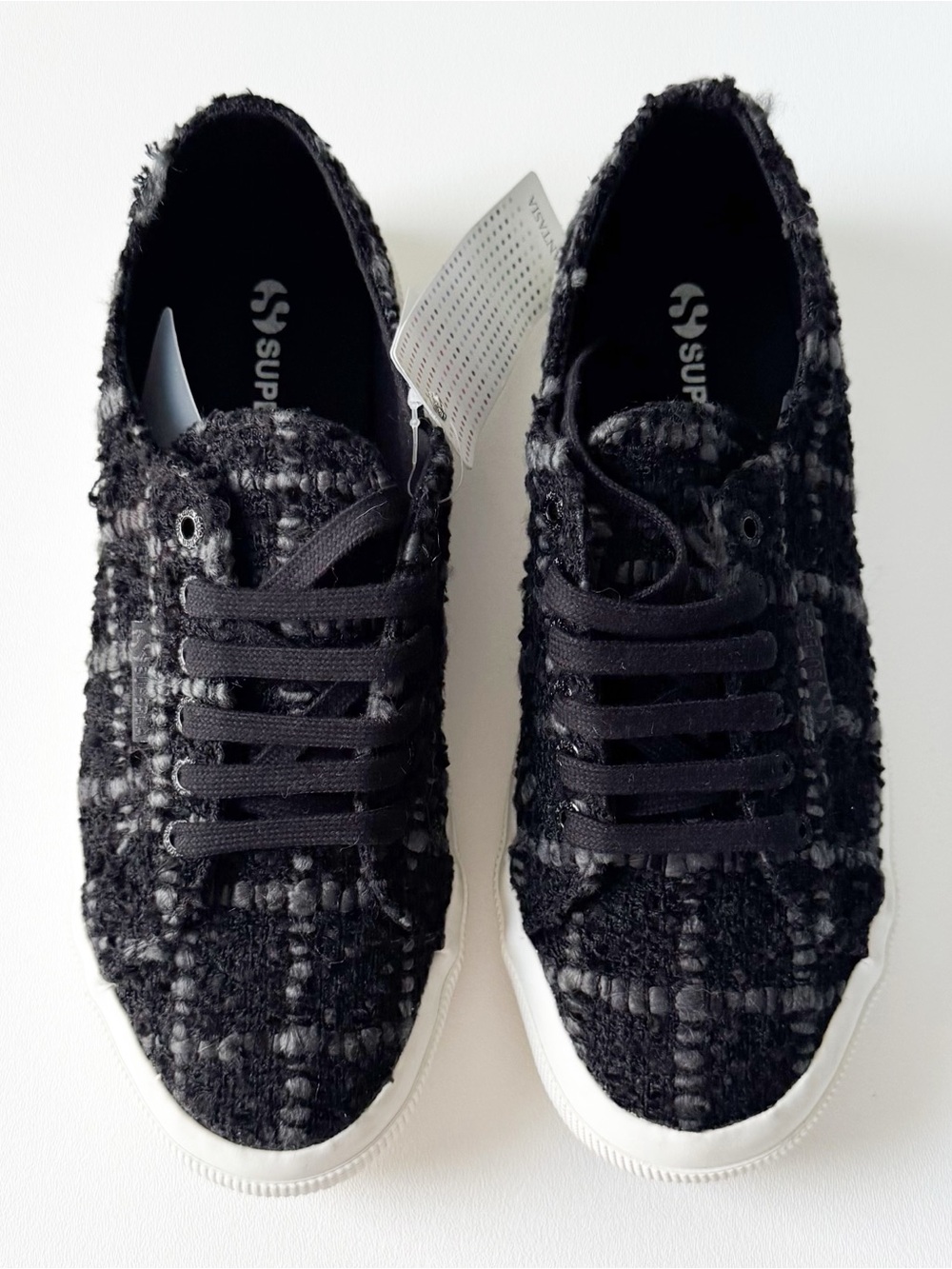 SUPERGA 2750 Boucle Tweed Plaid Platform Sneakers in Black | 41, 9.5 NWT